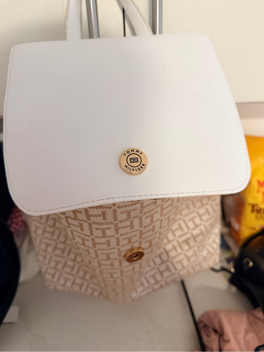 Tommy Hilfiger White Flap Beige Logo-Print Backpack
